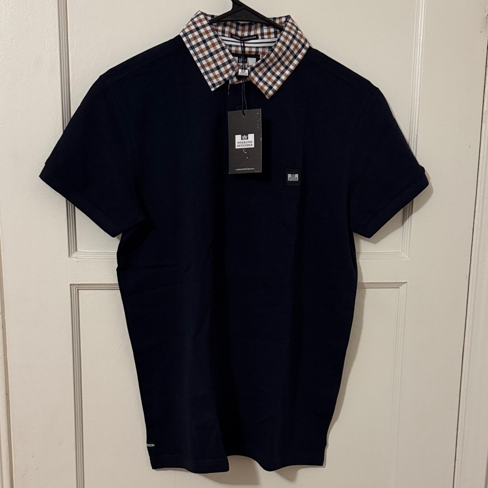 Weekend Offender Men's Navy Polo Shirt with Checkered Collar